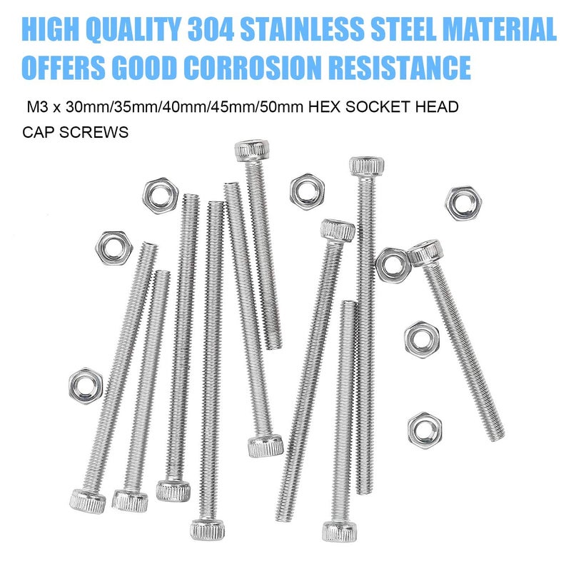 DYWISHKEY 200 Pieces M3 x 30mm/35mm/40mm/45mm/50mm Stainless Steel 304 Hex Socket Head Cap Bolts Screws and Nuts Kit - Image 2